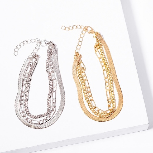 🧡10/$45🧡NEW 3 Layered Herringbone, Figaro, Curb Chain Bracelet - Picture 8 of 8